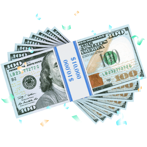 A stack of $100 bills and confetti