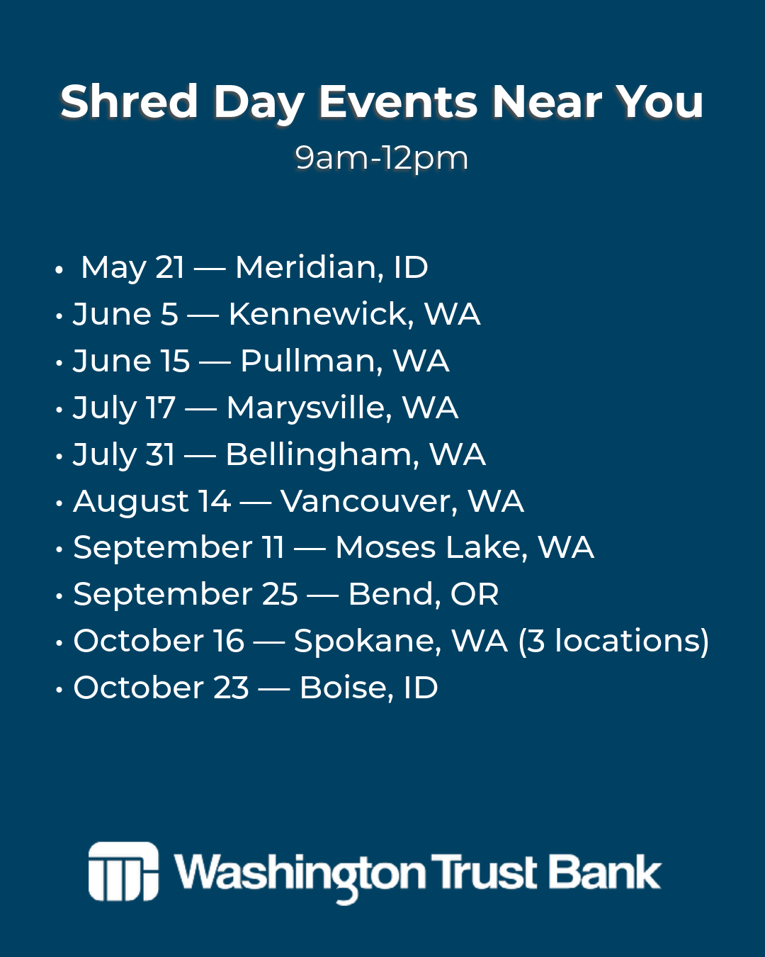 Washington Trust Bank Washington, Oregon, and Idaho Shred Days 2026