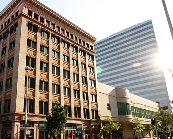 Downtown Spokane at sunset.
